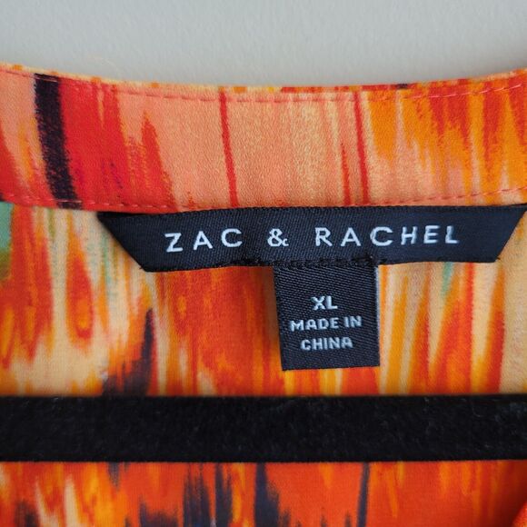 Zac & Rachel Womens Blouse Size XL Orange Abstract Roll Tab Sleeve Office Career - Picture 2 of 11